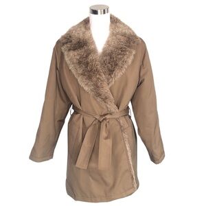VINTAGE 70s London Fog Brown Faux Fur Collar Trench Coat Large Penny Lane